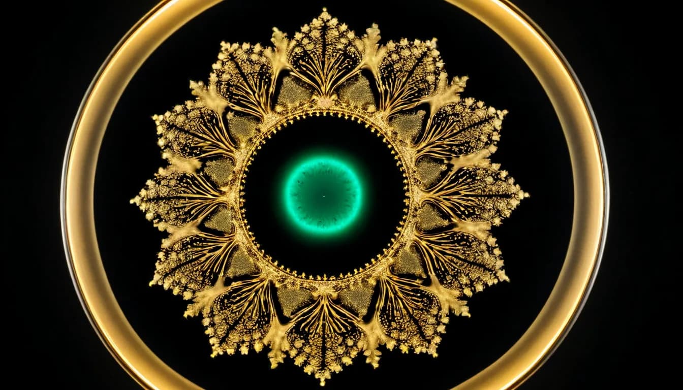Motif cymatique en sable doré formé par la vibration autour d'un halo émeraude — le son rendu visible, symbole de la science derrière l'Empreinte Vibratoire™