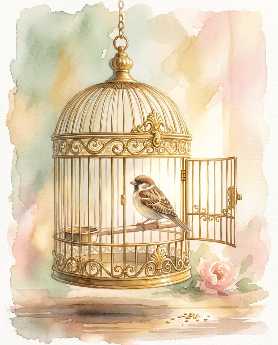Aquarelle d'un petit oiseau qui reste perché dans sa cage dorée à la porte grande ouverte — savoir qu'on mérite d'être aimée sans encore y croire
