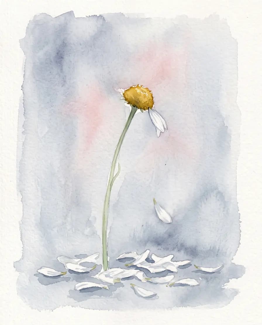 Aquarelle d'une marguerite au cœur presque nu, un seul pétale restant, les autres éparpillés au sol — le sentiment que l'histoire finit toujours pareil