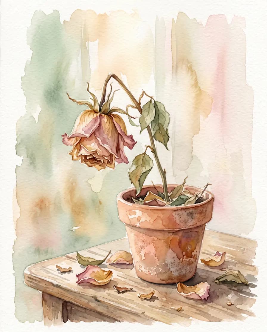 Aquarelle d'une rose fanée dans son pot, tête penchée et pétales séchés malgré la lumière dorée versée sur elle — répéter des affirmations sans que le blocage amoureux ne bouge