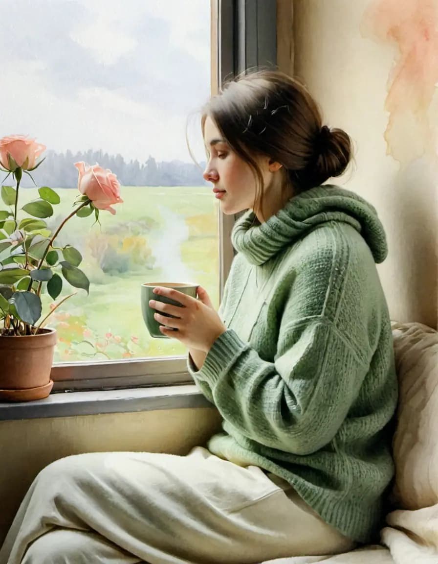 Jeune femme pensive, enveloppée dans un pull, une tasse à la main, regardant par la fenêtre