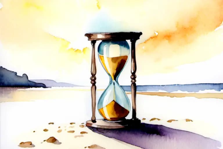 Illustration aquarelle d’un sablier lumineux au sable doré, symbole de concentration