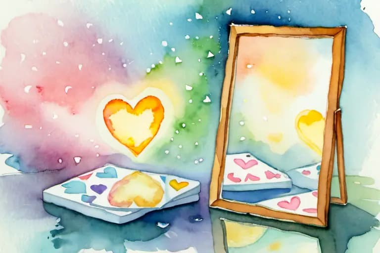 Illustration aquarelle de cartes d’affirmations lumineuses avec cœurs et miroir
