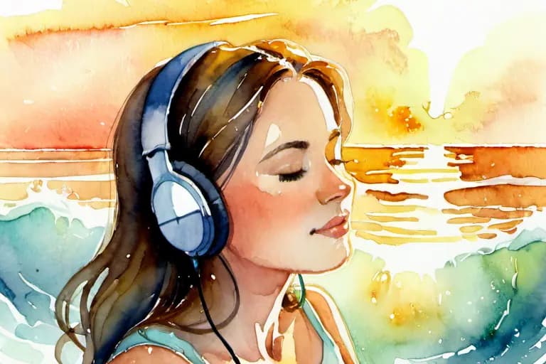 Illustration aquarelle d’une femme au casque audio baignée de lumière chaleureuse