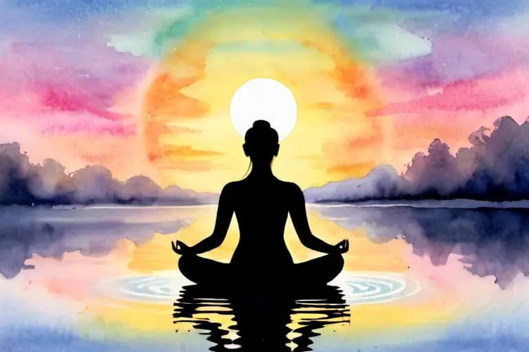 Illustration aquarelle d’une femme en méditation au lever du soleil, esprit clair