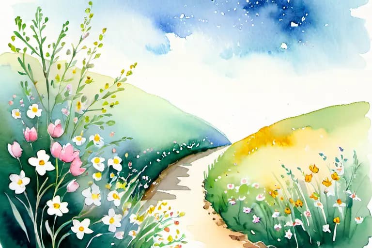Illustration aquarelle d’un chemin fleuri qui monte, symbole de progrès émotionnel