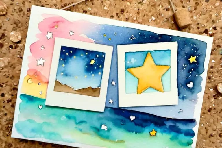Illustration aquarelle d’un vision board avec photos de rêves et étoiles dorées