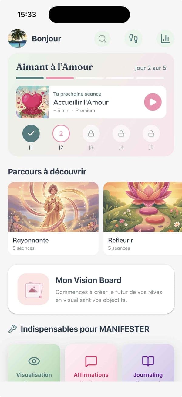 Écran d'accueil de l'application Manifestation Méditative : parcours « Aimant à l'Amour », jour 2 sur 5