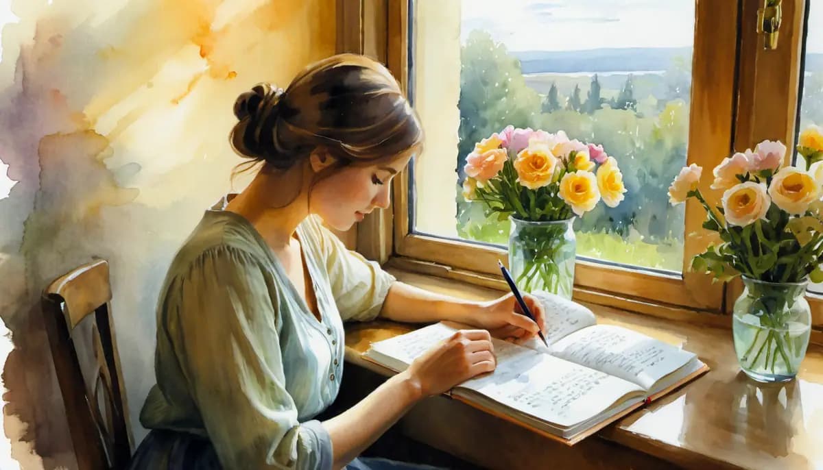Aquarelle d'une femme écrivant des affirmations dans un journal ouvert au lever du soleil, entourée de fleurs fraîches, pour attirer l'amour avec la loi d'attraction