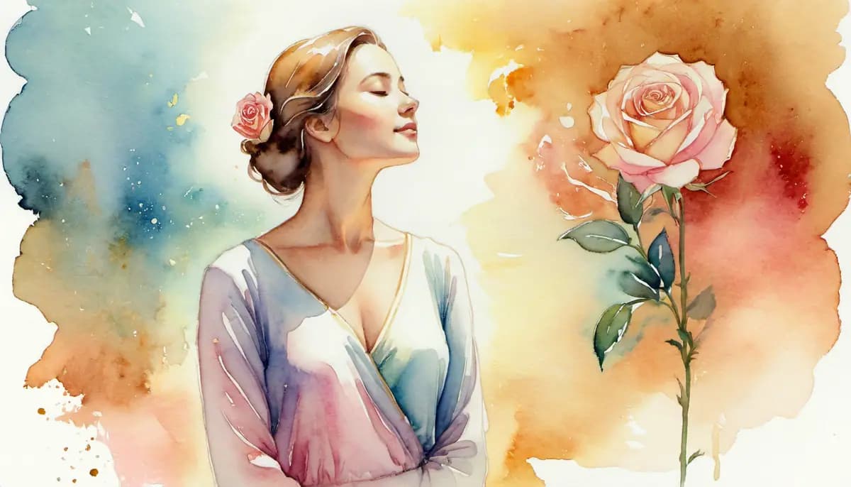 Aquarelle d'une femme sereine entourée d'une douce aura lumineuse, posture gracieuse, illustrant la confiance en soi et le magnétisme féminin