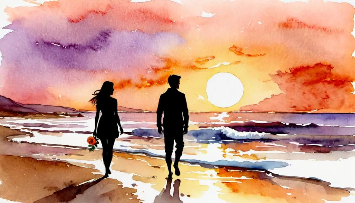 Aquarelle de deux silhouettes marchant l'une vers l'autre sur une plage au coucher du soleil, tons chauds orangés et rosés, symbolisant la rencontre de l'âme sœur par la manifestation