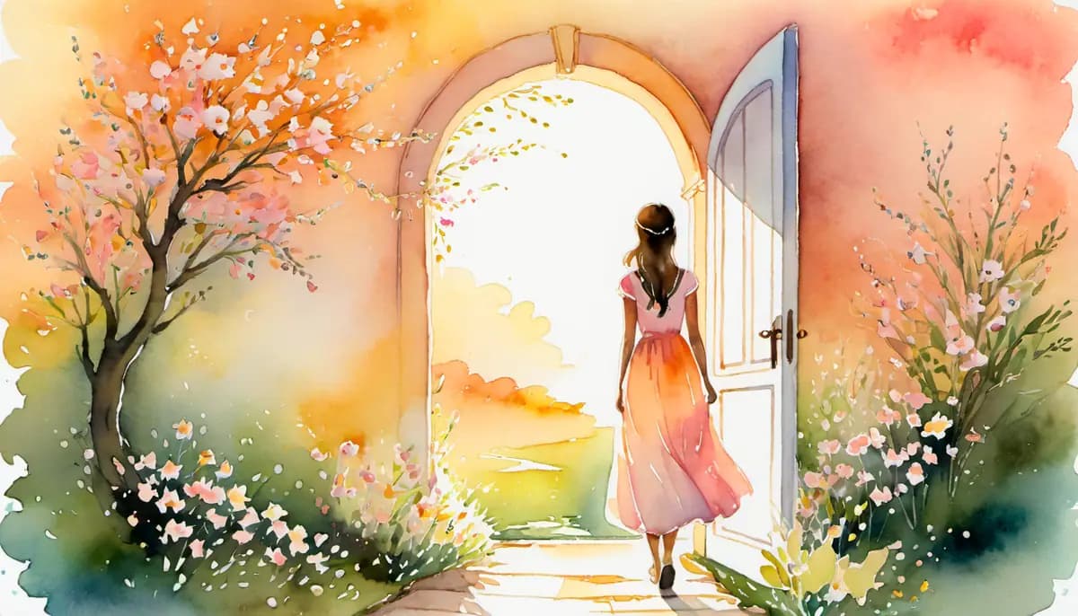 Aquarelle d'une femme confiante avançant vers une porte lumineuse au lever du soleil, fleurs en bouton le long du chemin, illustrant la manifestation d'une rencontre amoureuse