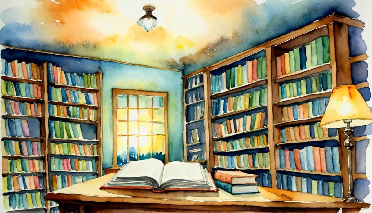 Aquarelle d'une librairie cosy baignée de lumière chaleureuse, évoquant une rencontre fortuite et la magie d'un premier contact, illustrant comment manifester une rencontre rapidement
