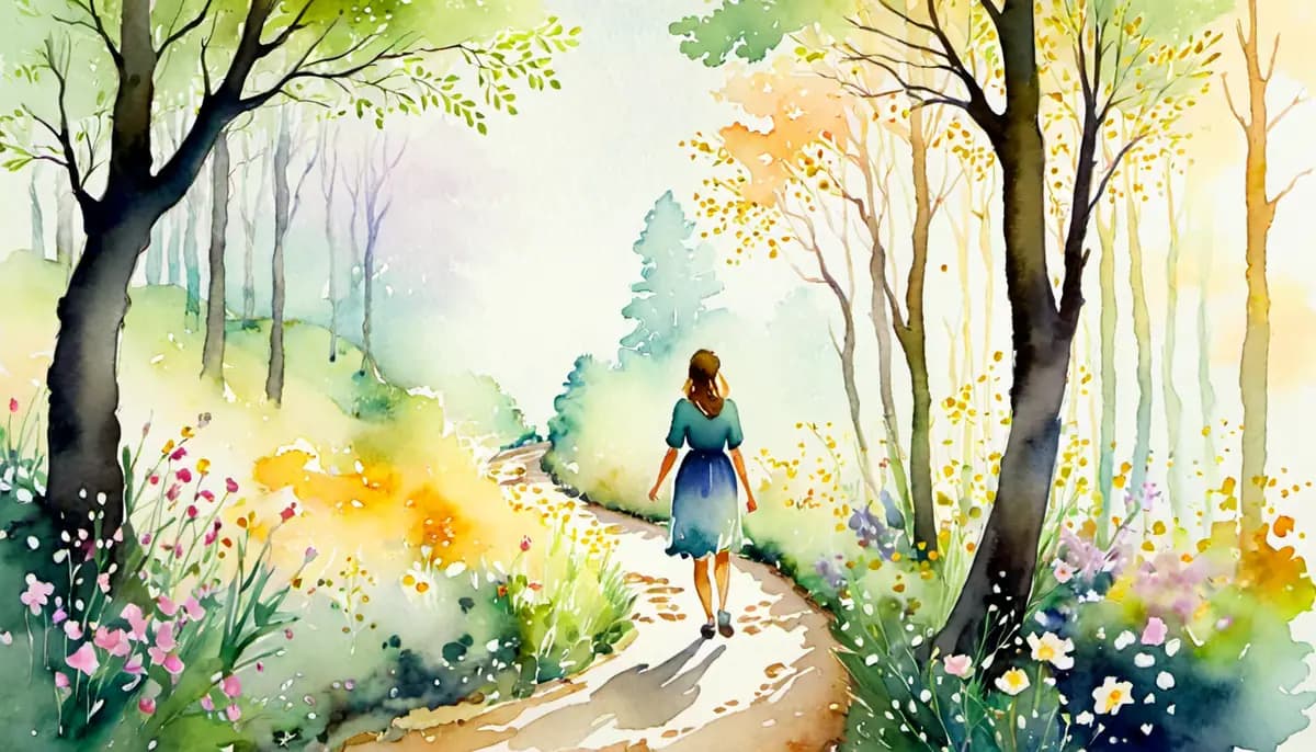 Aquarelle d'une femme faisant ses premiers pas sur un chemin illuminé en forêt dorée au matin, tenant un petit carnet, guide visuel pour débutantes souhaitant commencer la manifestation