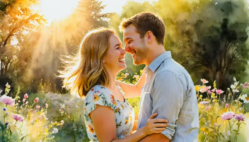 Aquarelle d'un couple riant ensemble dans la lumière dorée du coucher du soleil, illustrant la joie authentique et les affirmations positives pour renforcer une relation de couple