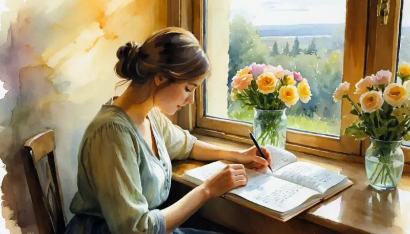 Aquarelle d'une femme écrivant des affirmations dans un journal ouvert au lever du soleil, entourée de fleurs fraîches, pour attirer l'amour avec la loi d'attraction