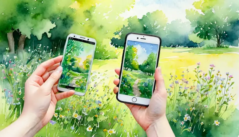Aquarelle d'une main tenant un téléphone dans un parc ensoleillé avec des feuilles vertes en arrière-plan, comparatif des meilleures applications de manifestation gratuites sur iOS