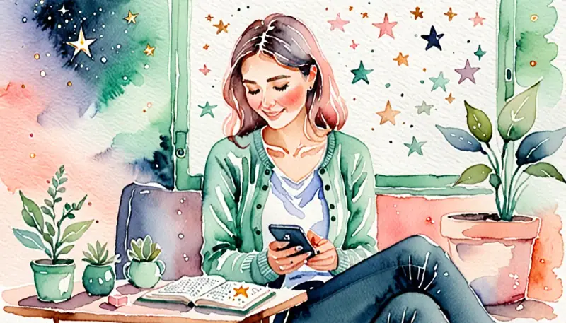Aquarelle d'une femme découvrant sereinement un téléphone d'où s'élèvent de petits symboles guidés — cœur, étoile, carnet — premiers pas en manifestation
