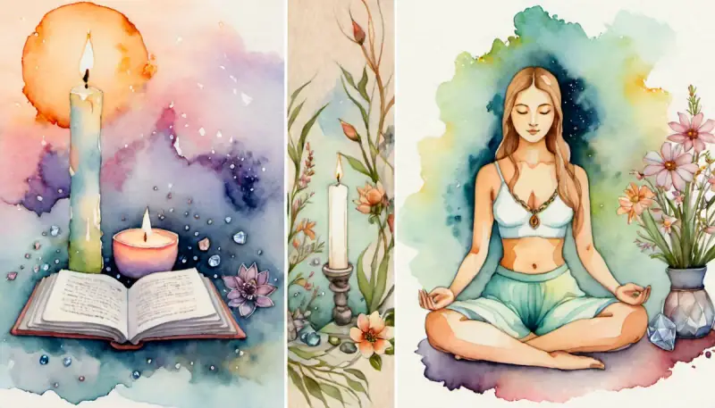 Aquarelle en diptyque montrant d'un côté une femme méditant paisiblement et de l'autre un journal avec des cristaux, comparaison visuelle entre méditation et manifestation
