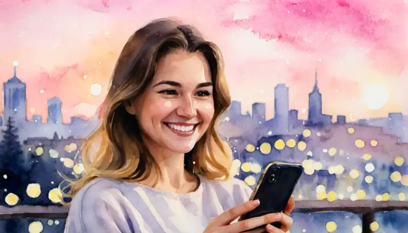 Aquarelle d'une femme souriante tenant un téléphone avec des lumières de ville en bokeh rose et or au crépuscule, illustrant l'utilisation des applications de rencontre avec la loi d'attraction