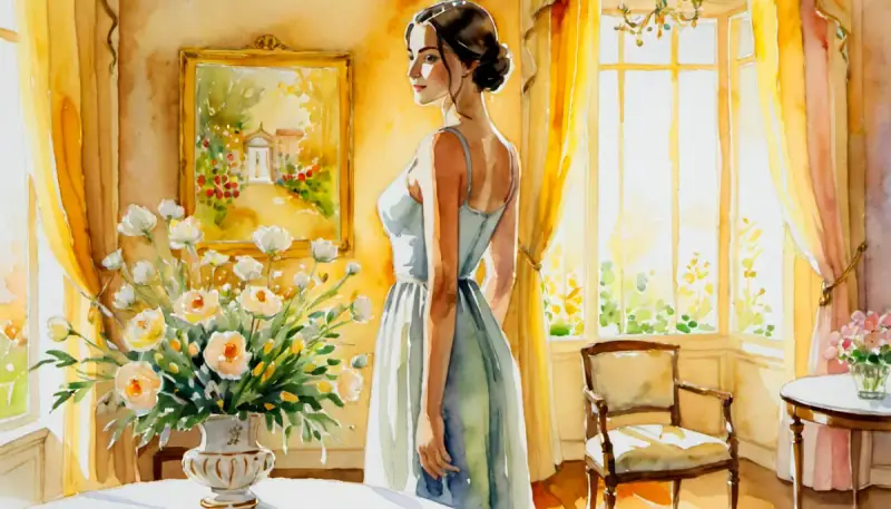 Aquarelle d'une femme élégante rayonnant une présence naturelle et un charisme authentique au centre d'un salon lumineux avec des fleurs, illustrant le charisme et la présence féminine
