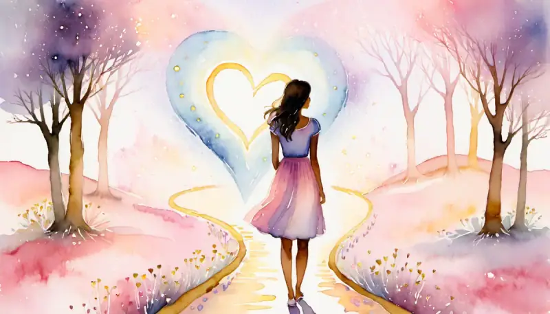 Aquarelle d'une femme pensive devant plusieurs chemins lumineux menant à des symboles d'amour (cœur, journal, tableau de vision), illustrant le choix d'une méthode pour manifester l'amour