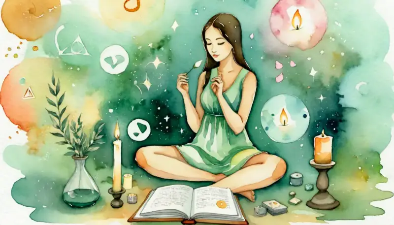 Aquarelle d'une femme sereine entourée de symboles flottants de techniques de manifestation (sablier, journal, tableau de vision, bougie), illustrant le choix d'une technique pour débuter