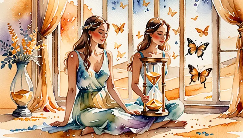 Aquarelle d'une femme paisible près d'un sablier doré d'où s'échappent des papillons lumineux, patience et confiance dans le temps de la manifestation
