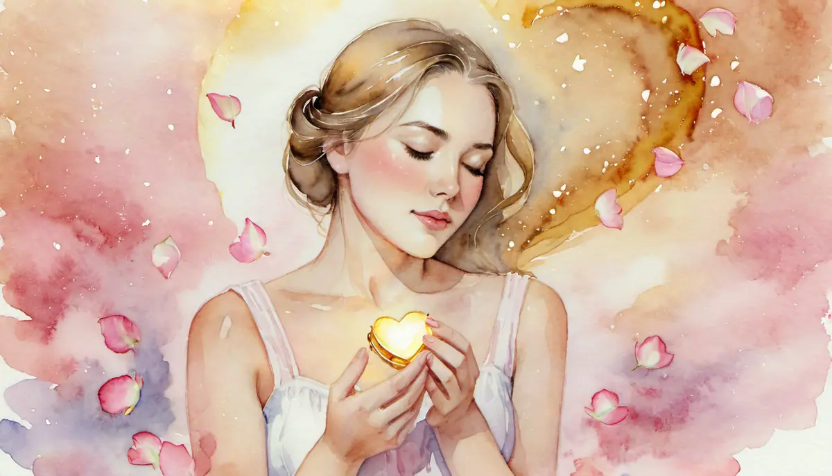 Aquarelle d'une femme aux yeux fermés tenant un cœur lumineux entouré de pétales de rose, illustration de la manifestation de l'amour avec la loi d'attraction