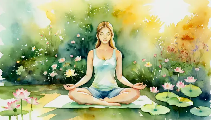 Aquarelle d'une femme méditant en position lotus dans un jardin fleuri baigné de lumière dorée matinale, illustrant comment la méditation guidée développe la confiance en soi