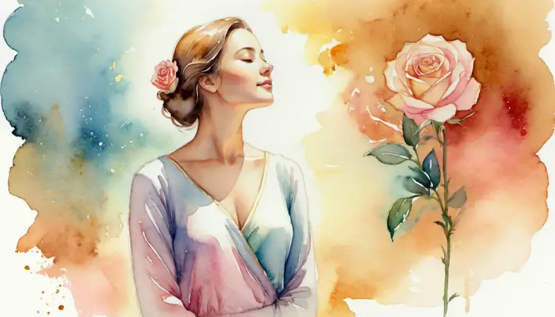 Aquarelle d'une femme sereine entourée d'une douce aura lumineuse, posture gracieuse, illustrant la confiance en soi et le magnétisme féminin