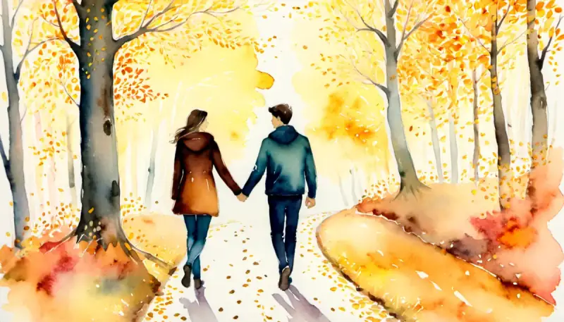 Aquarelle d'un couple se tenant la main sur un chemin en forêt aux couleurs automnales dorées, symbolisant la confiance retrouvée et la solidité d'une relation de couple
