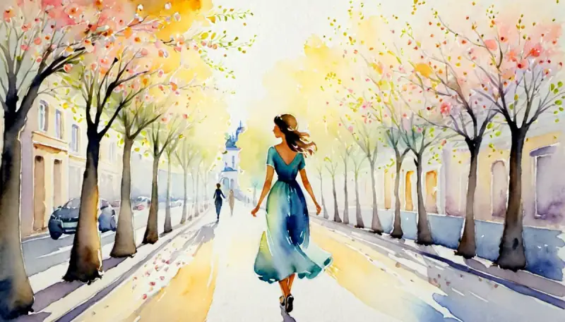 Aquarelle d'une femme gracieuse marchant dans une rue fleurie dans la lumière dorée de l'après-midi, incarnant la confiance en soi, la séduction naturelle et le magnétisme féminin