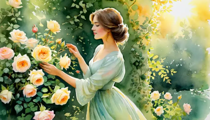 Aquarelle d'une femme élégante au milieu d'un jardin de roses en fleurs sous la lumière dorée, illustrant comment devenir une femme magnétique, charismatique et irrésistiblement attirante