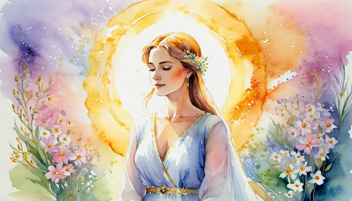 Aquarelle d'une femme rayonnante entourée d'une aura dorée et de fleurs épanouies, symbolisant l'énergie féminine, le magnétisme naturel et l'attraction authentique