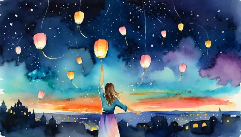 Aquarelle d'une femme libérant des lanternes lumineuses dans un ciel nocturne, symbolisant le lâcher-prise et les erreurs à éviter dans la manifestation amoureuse