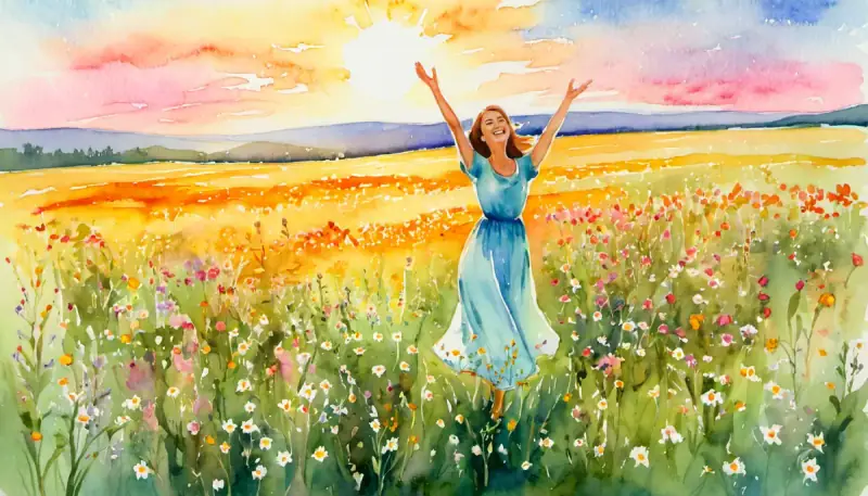 Aquarelle d'une femme les bras grands ouverts dans un champ de fleurs sauvages sous un ciel doré, rayonnant l'estime de soi, la confiance et la joie intérieure féminine