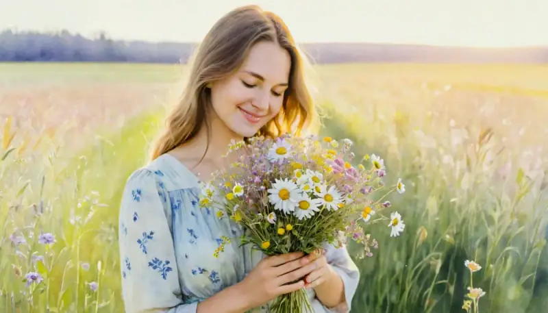 Aquarelle d'une femme tenant un bouquet de fleurs sauvages contre son cœur avec un sourire rayonnant de gratitude, illustrant la gratitude comme catalyseur de la manifestation