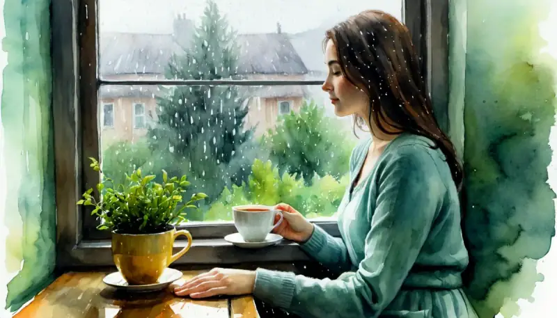 Aquarelle d'une femme contemplant la pluie par une fenêtre avec une tasse de thé chaud dans les mains, illustrant le processus de guérison intérieure des blessures amoureuses