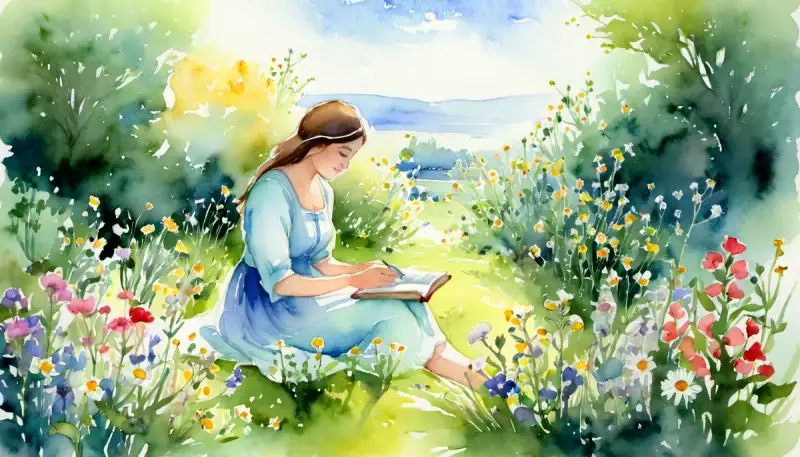 Aquarelle d'une femme lisant paisiblement assise dans un jardin de fleurs sauvages avec une tasse de thé, illustrant comment lâcher la peur d'être seule et cultiver la plénitude intérieure