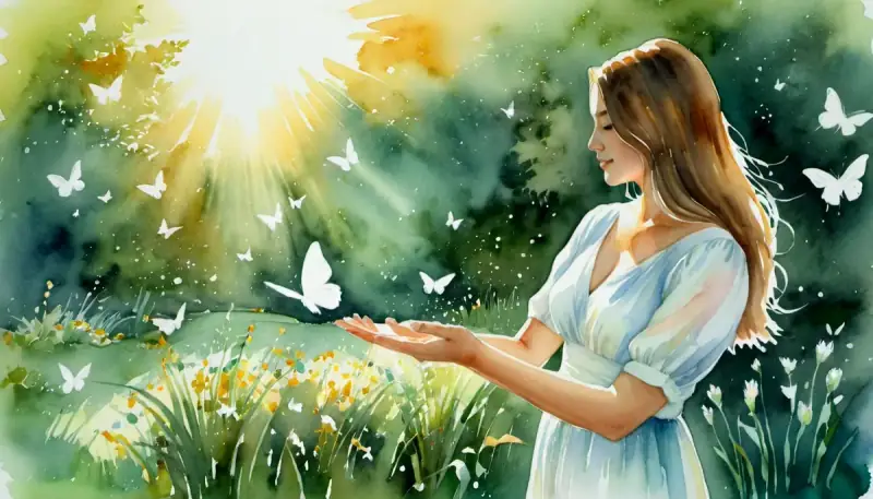 Aquarelle d'une femme libérant un papillon blanc de ses mains dans un jardin ensoleillé du matin, symbolisant le lâcher-prise et le détachement sain en amour