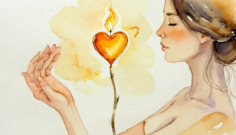 Aquarelle d'une femme protégeant une petite flamme chaleureuse dans ses mains, deux cœurs dorés entrelacés en arrière-plan, illustrant la reconstruction et la manifestation de couple