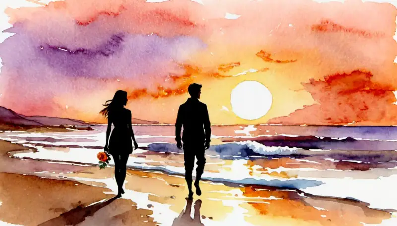 Aquarelle de deux silhouettes marchant l'une vers l'autre sur une plage au coucher du soleil, tons chauds orangés et rosés, symbolisant la rencontre de l'âme sœur par la manifestation