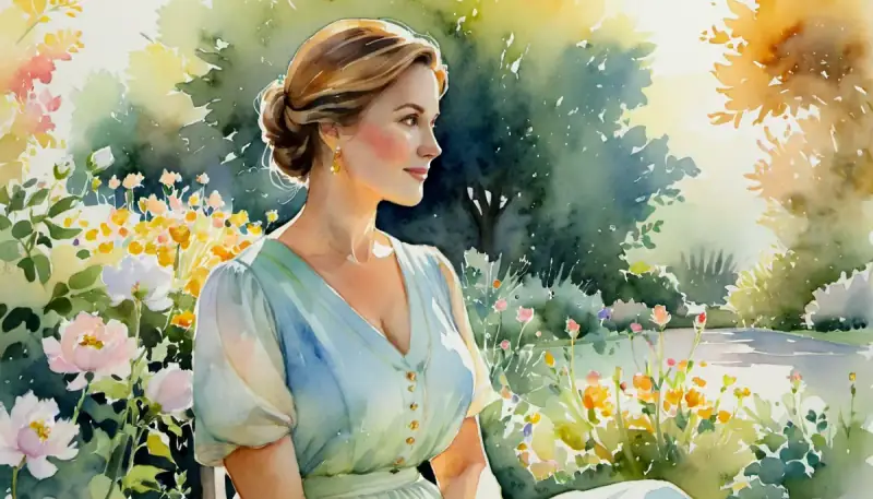 Aquarelle d'une femme épanouie dans la trentaine au milieu d'un jardin fleuri, illustrant comment manifester l'amour et trouver une relation épanouissante après 30 ans