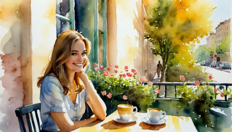 Aquarelle d'une femme souriante attablée seule dans un café ensoleillé avec des fleurs et un café, illustrant le self-love et la manifestation de l'amour pendant le célibat