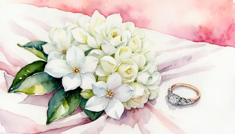 Aquarelle d'une bague en diamant posée sur des fleurs de gardénia blanches, fond rose doux, symbolisant la manifestation de l'engagement et du mariage dans une relation amoureuse