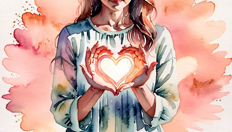 Aquarelle d'une femme sereine tenant un cœur lumineux ouvert dans ses paumes, silhouette lointaine et libre à l'horizon, symbolisant l'amour sans contrôle