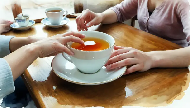 Aquarelle de deux mains se touchant doucement au-dessus d'une table en bois avec une tasse de thé, symbolisant la réconciliation, le pardon et la tendresse retrouvée en amour