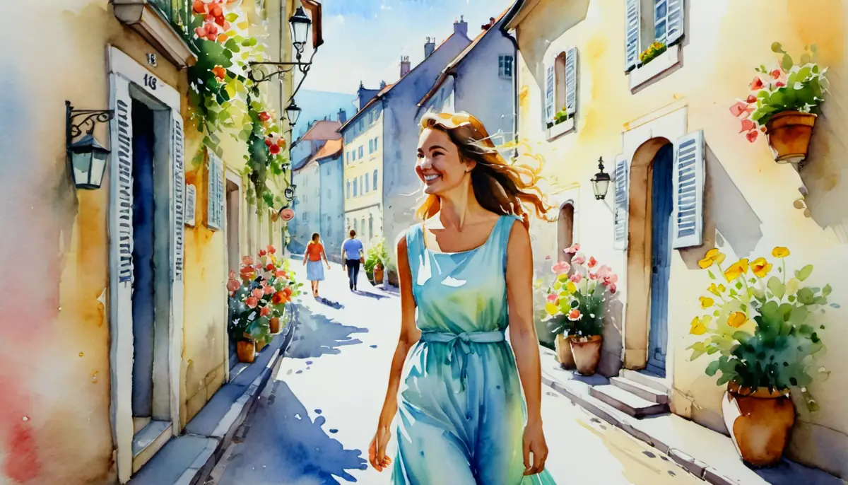 Aquarelle d'une femme confiante et joyeuse marchant dans une rue européenne fleurie sous la lumière dorée, illustrant comment manifester une rencontre amoureuse avec la loi d'attraction
