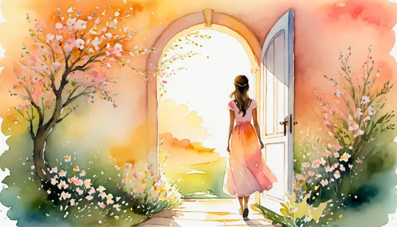 Aquarelle d'une femme confiante avançant vers une porte lumineuse au lever du soleil, fleurs en bouton le long du chemin, illustrant la manifestation d'une rencontre amoureuse